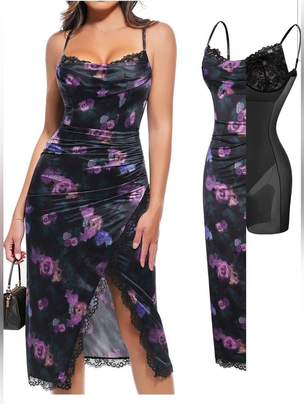 Popilush Women's Floral Lace Corset Satin Ruched Cocktail Shapewear Midi Dress M